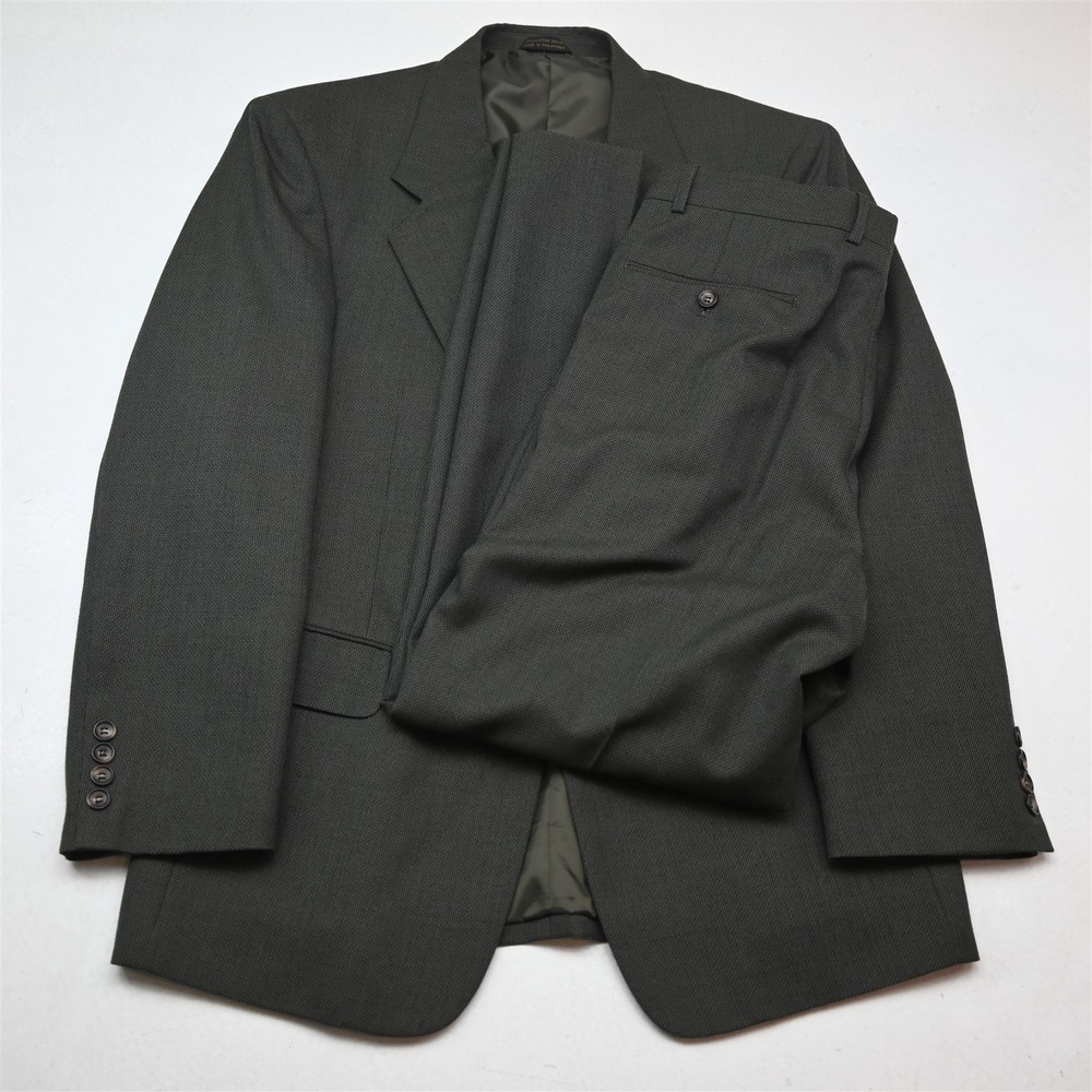 Vtg Bespoke 40R 32x30 Green Wool Basketweave Mens Jacket Pants Suit